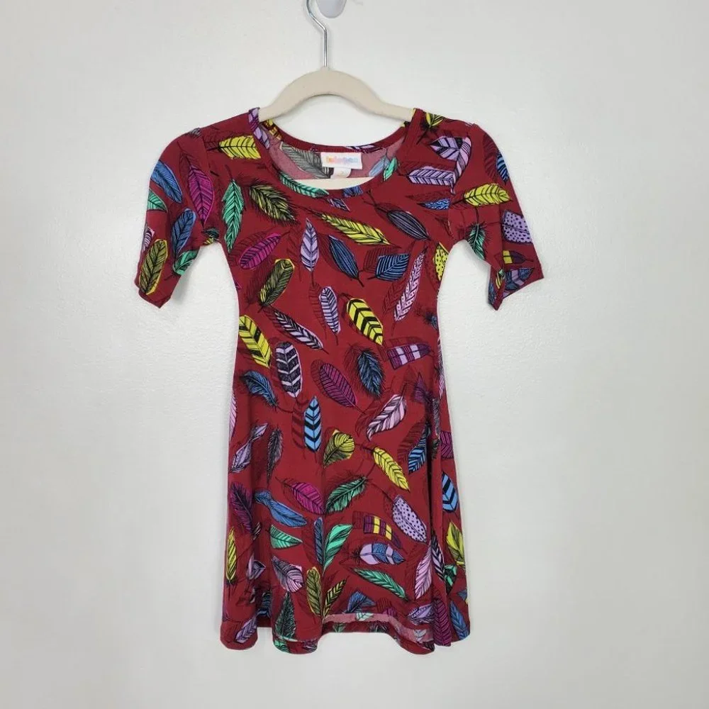 LuLaRoe Girl's Adeline Feather Print Girl's Dress Size 2